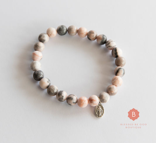 Catholic bracelet, Miraculous Medal, zebra jasper