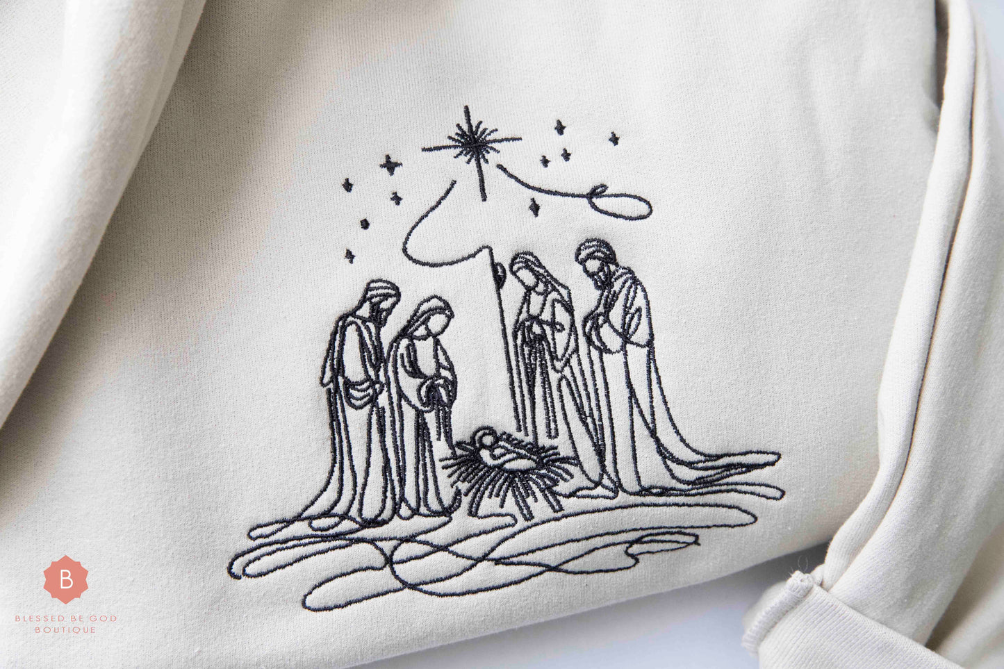 Nativity Scene Embroidered Catholic Christmas Sweatshirt