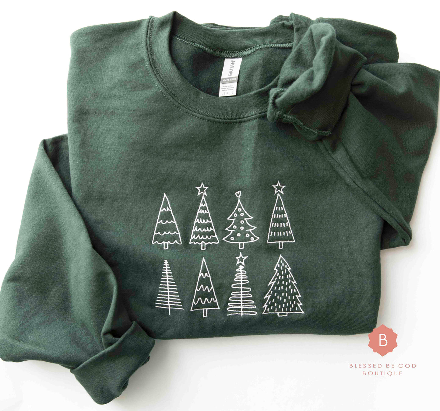 Christmas Sweatshirt with White Embroidered Trees