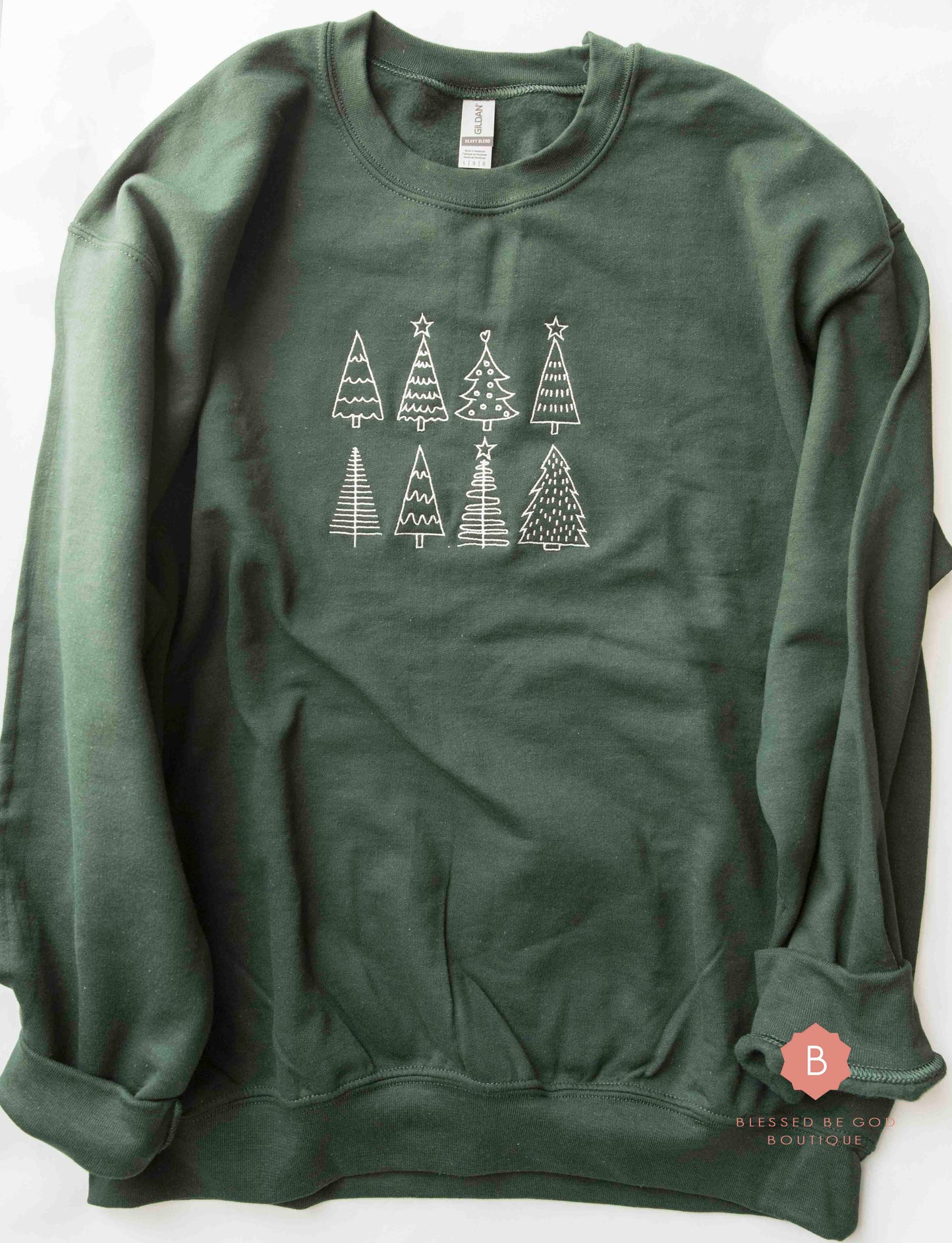 Christmas Sweatshirt with White Embroidered Trees