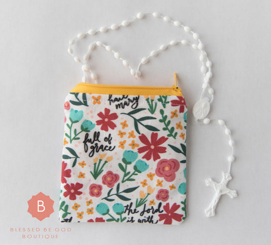 Catholic rosary pouch, Hail Mary, yellow