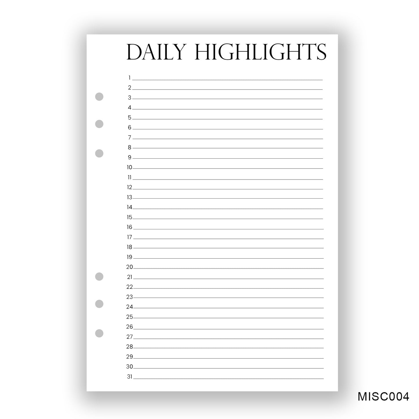 Daily Highlights, Journaling Page