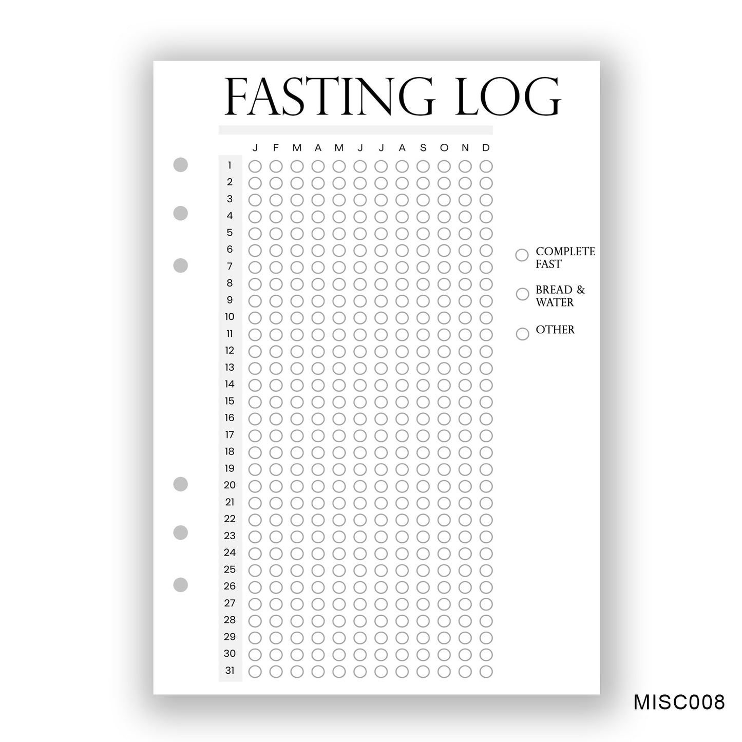 Fasting Log, Journaling Page