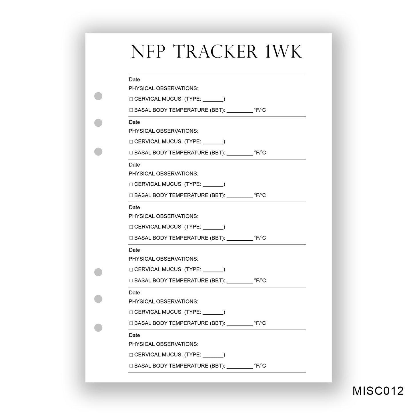 NFP 1 Week Tracker, Journaling Page