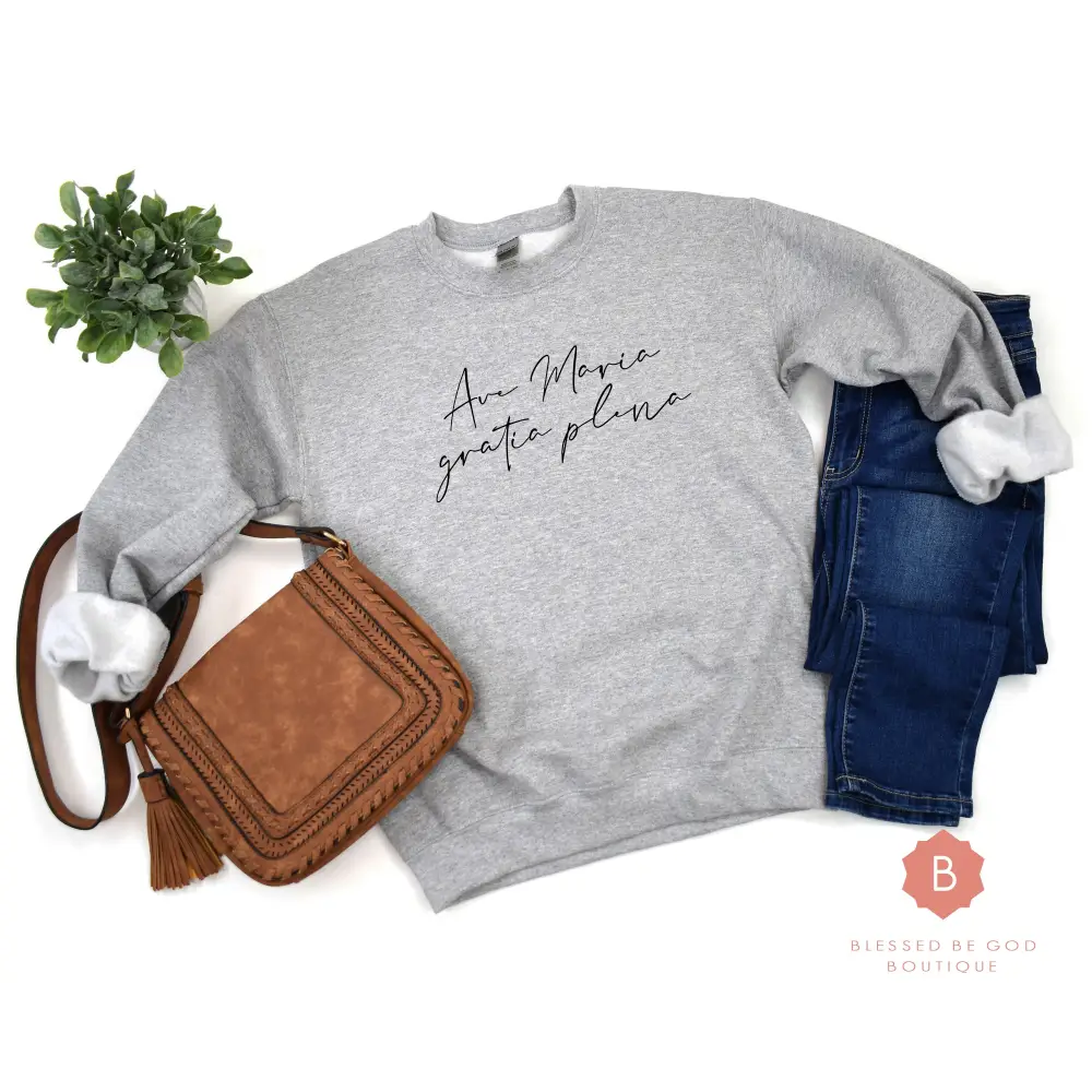 Ave Maria Catholic Sweatshirt Grey White Pink - Sweatshirt