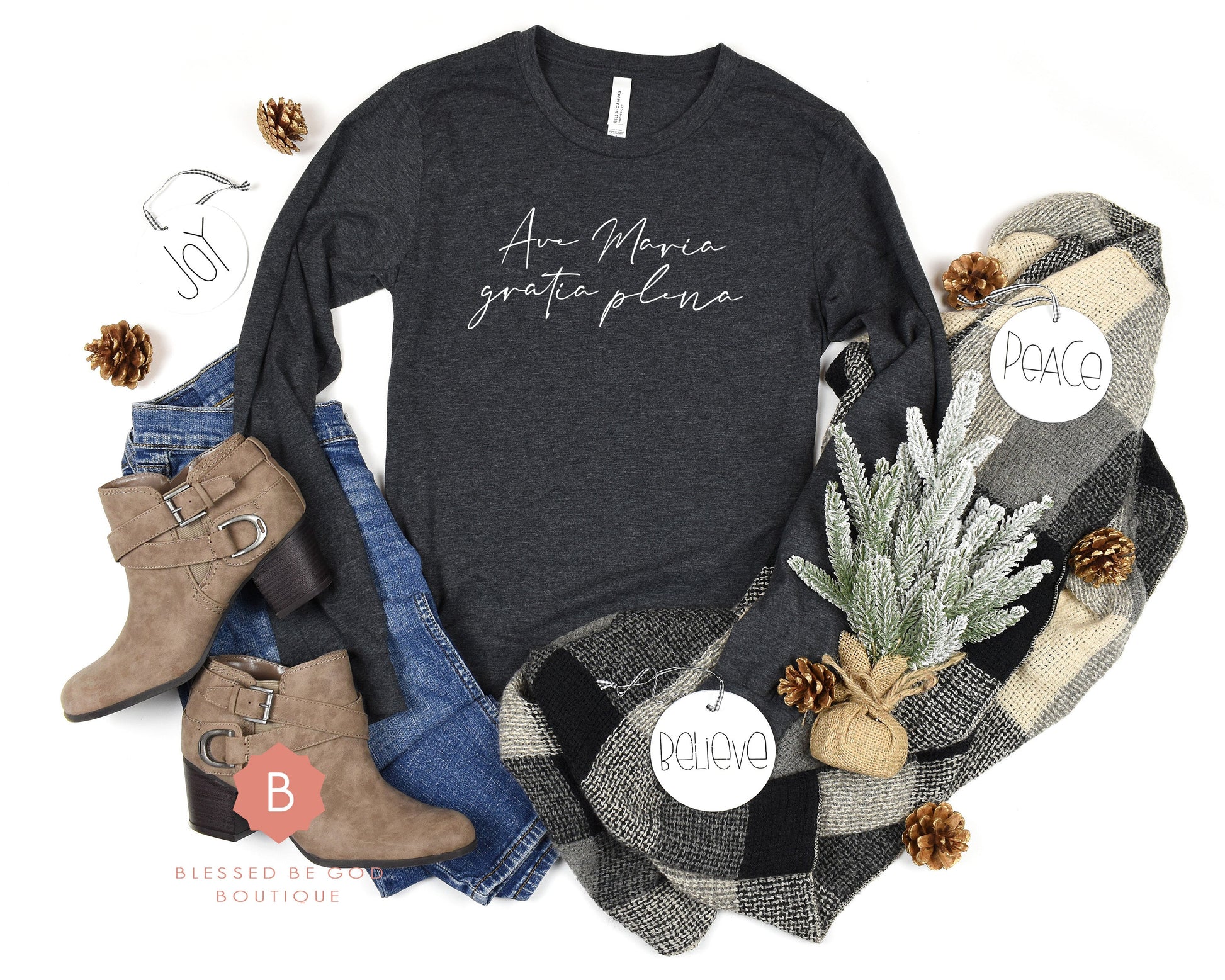 Ave Maria Catholic t-shirt Unisex Jersey Long Sleeve Tee Gray