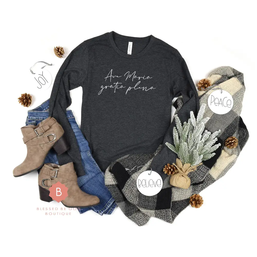 Ave Maria Catholic t-shirt Unisex Jersey Long Sleeve Tee Gray