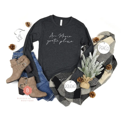 Ave Maria Catholic t-shirt Unisex Jersey Long Sleeve Tee Gray