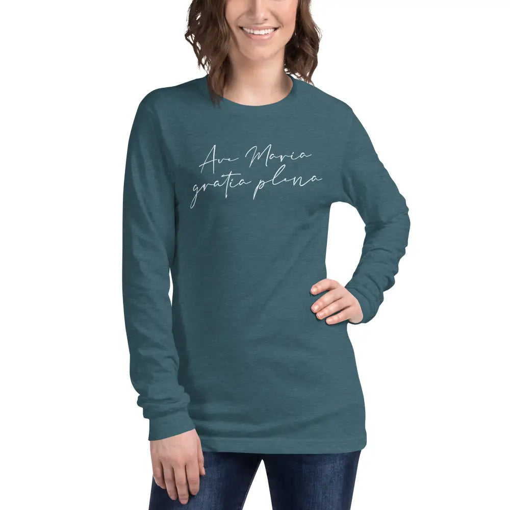 Ave Maria Catholic t-shirt Unisex Jersey Long Sleeve Tee Gray - Heather Deep Teal / XS