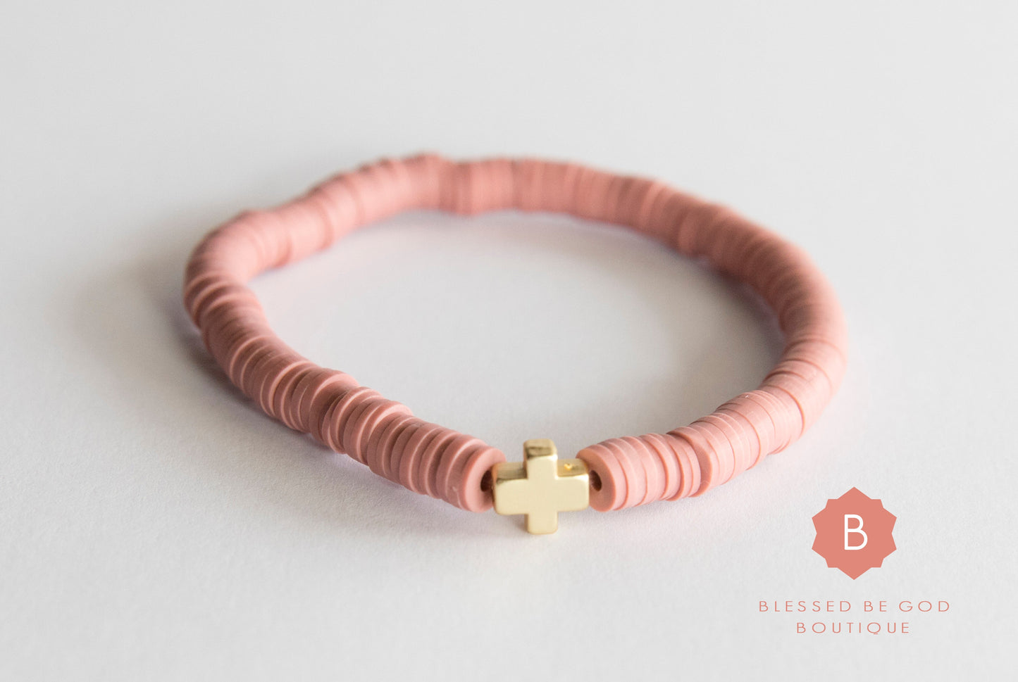 Catholic Heishi bracelet cross mauve - bracelet