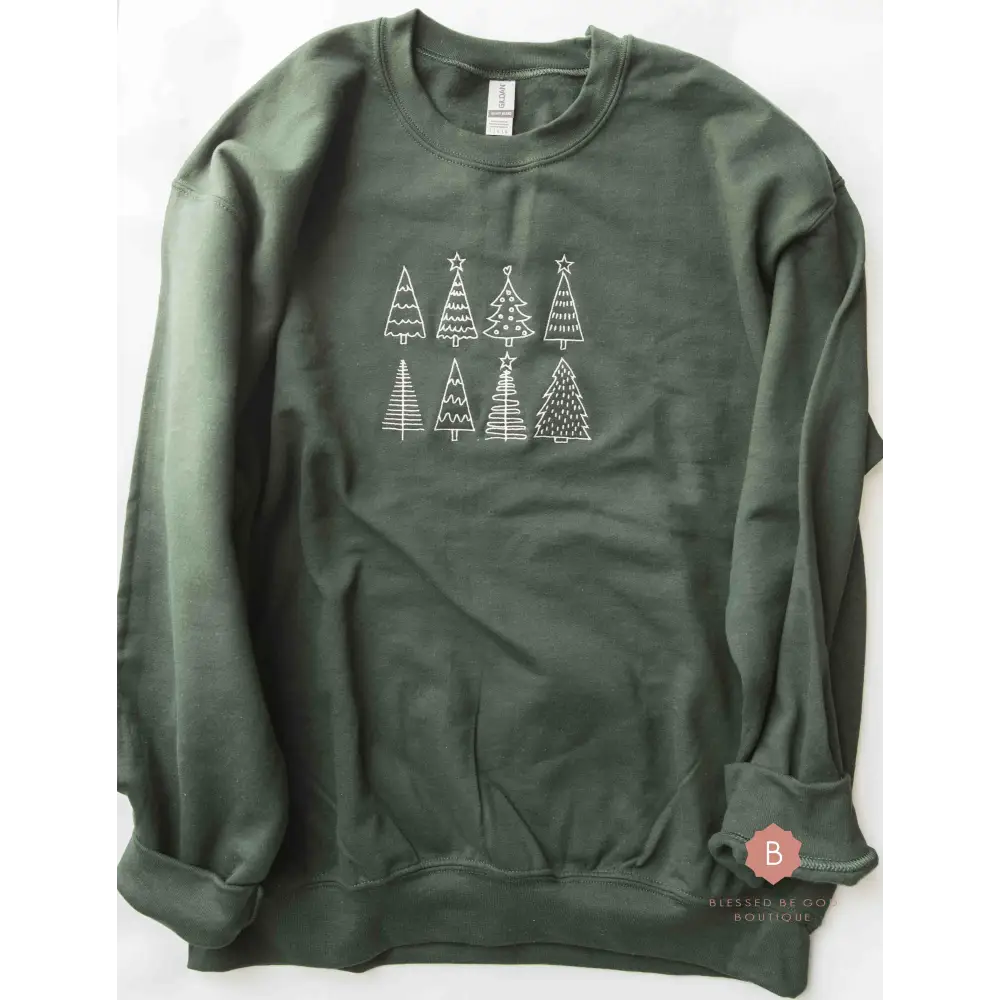 Christmas Sweatshirt with White Embroidered Trees - Sweatshirt