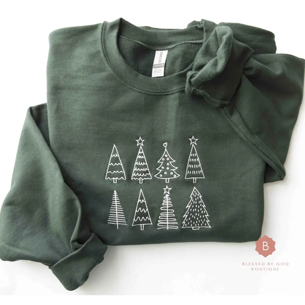 Christmas Sweatshirt with White Embroidered Trees - Sweatshirt