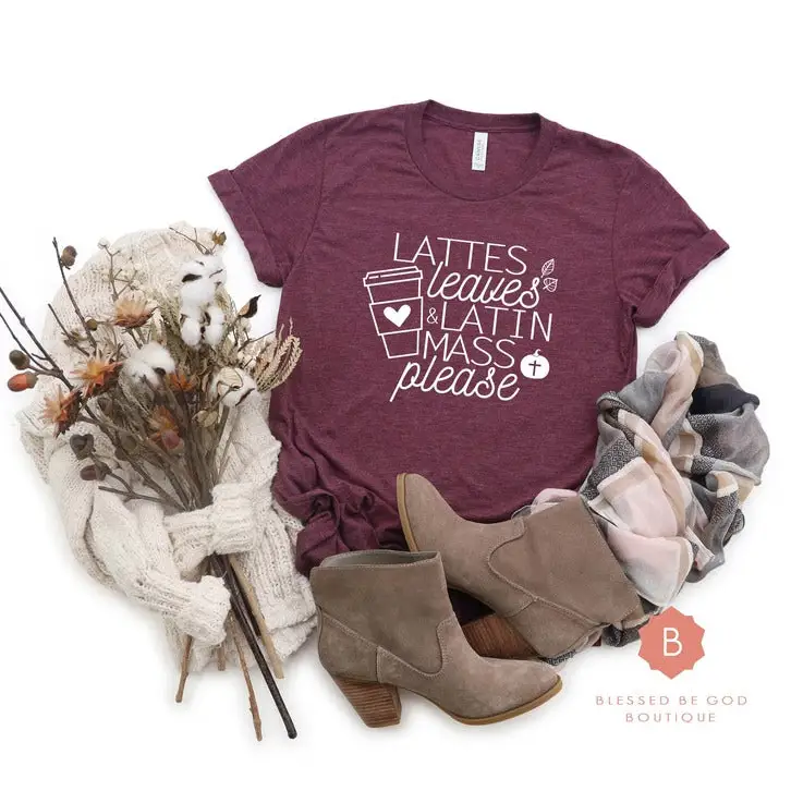 Lattes, Leaves and Latin Mass, Catholic t-shirt
