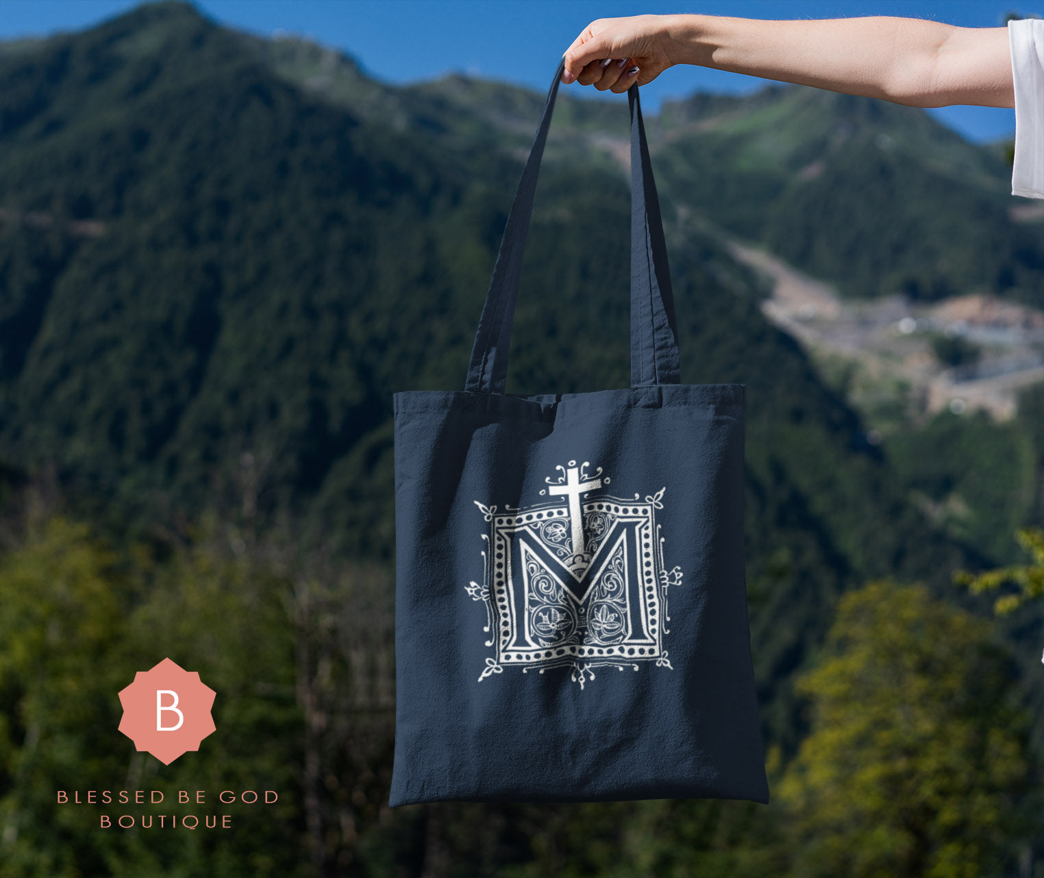 Marian Auspice Catholic Cotton Tote Bag - One size / Navy Blue - Bags