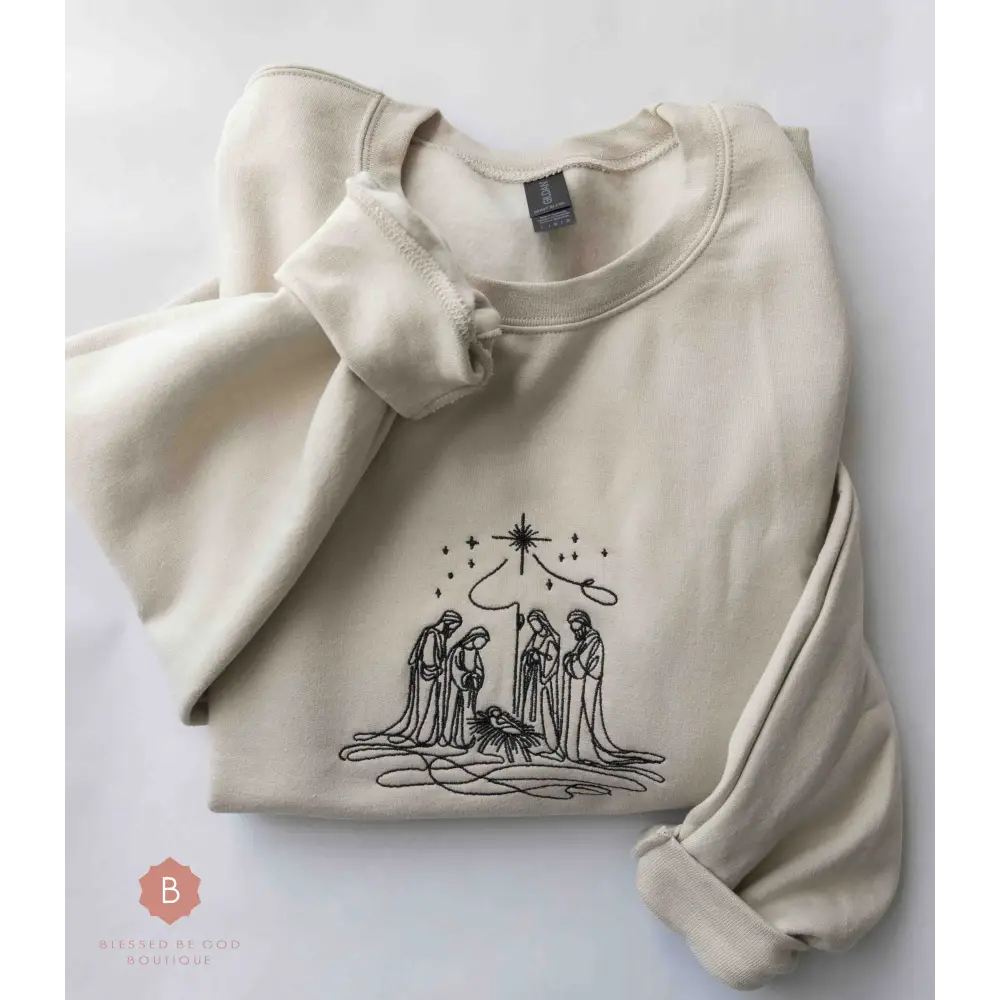Nativity Scene Embroidered Catholic Christmas Sweatshirt - Sweatshirt