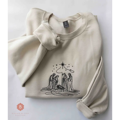 Nativity Scene Embroidered Catholic Christmas Sweatshirt - Sweatshirt