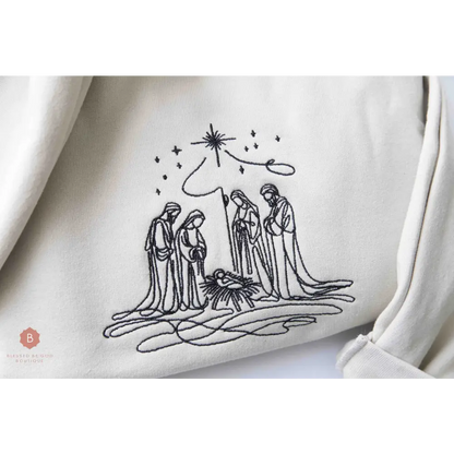 Nativity Scene Embroidered Catholic Christmas Sweatshirt - Sweatshirt