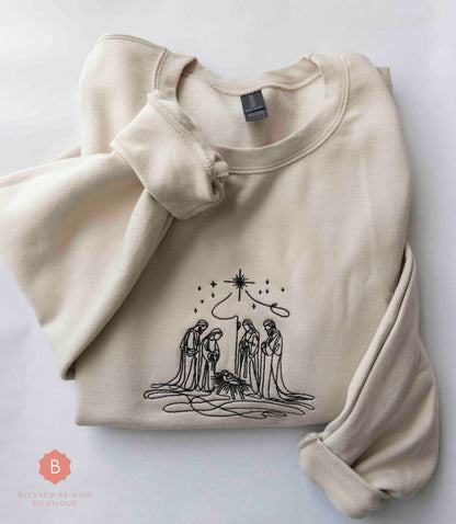 Nativity Scene Embroidered Catholic Christmas Sweatshirt - RTS - Sweatshirt