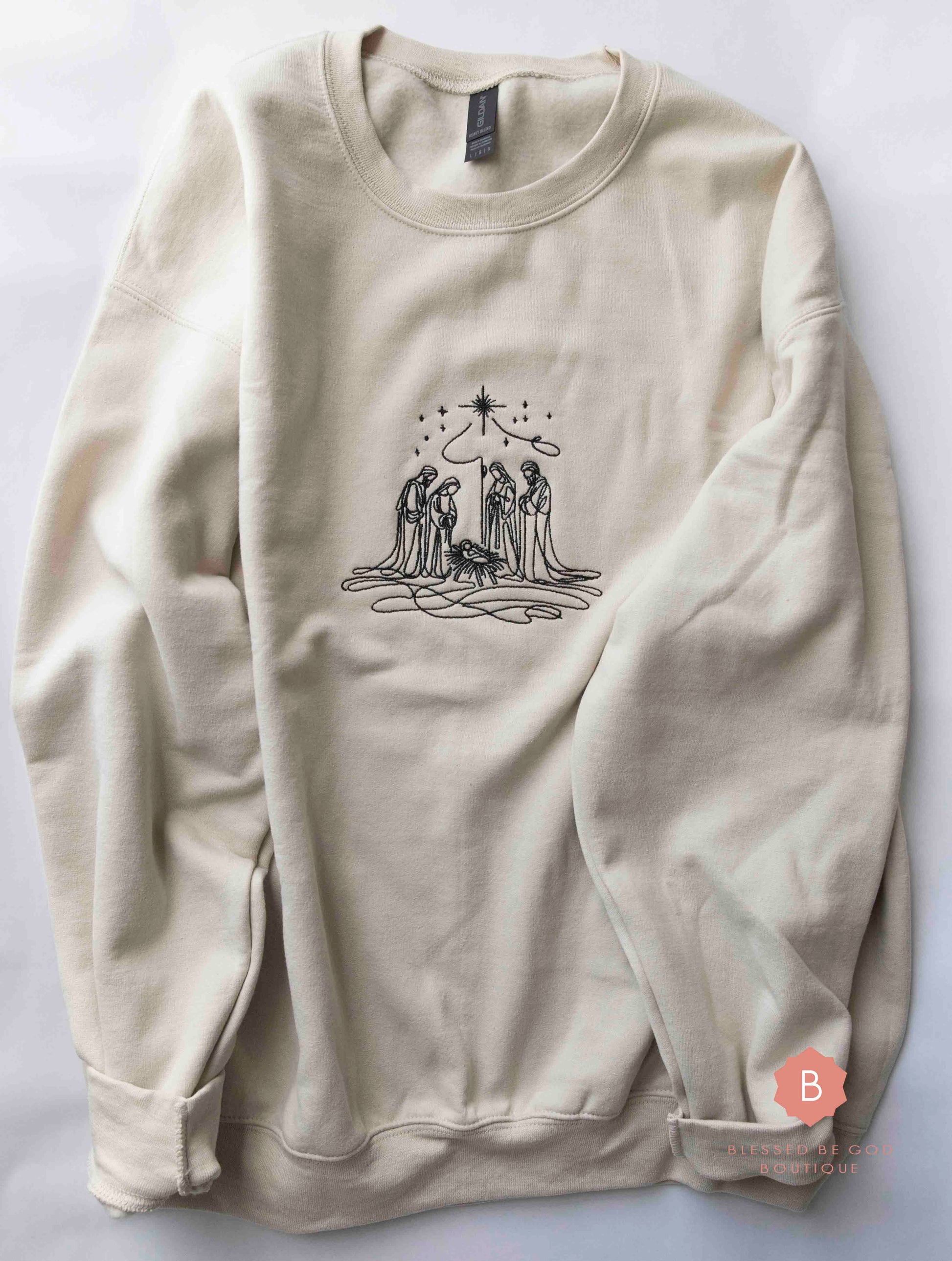 Nativity Scene Embroidered Catholic Christmas Sweatshirt - RTS - Sweatshirt