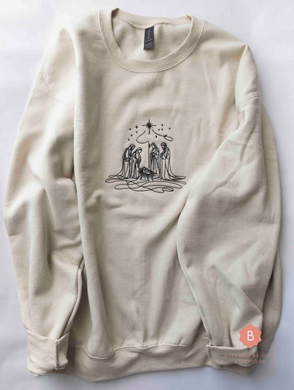 Nativity Scene Embroidered Catholic Christmas Sweatshirt - RTS - Sweatshirt
