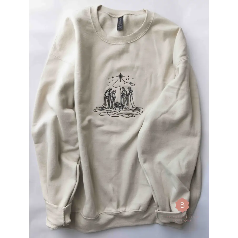 Nativity Scene Embroidered Catholic Christmas Sweatshirt - RTS - Sweatshirt