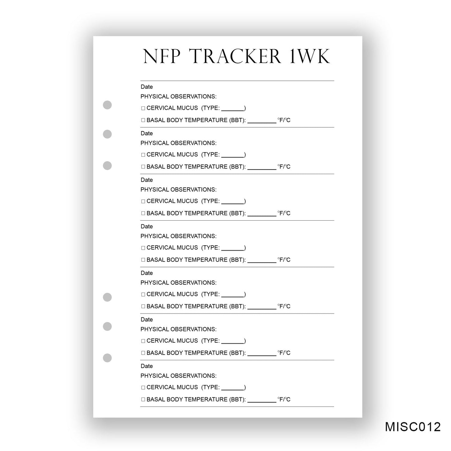 NFP 1 Week Tracker Journaling Page - Paper products