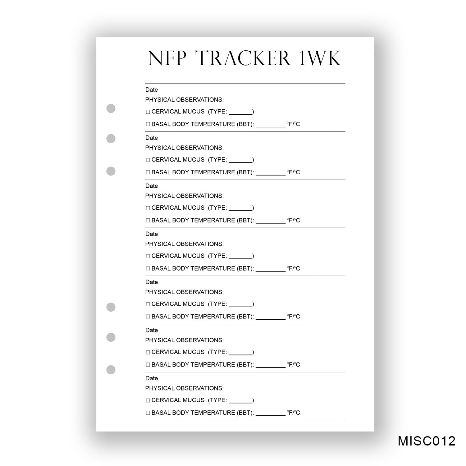 NFP 1 Week Tracker Journaling Page - Paper products