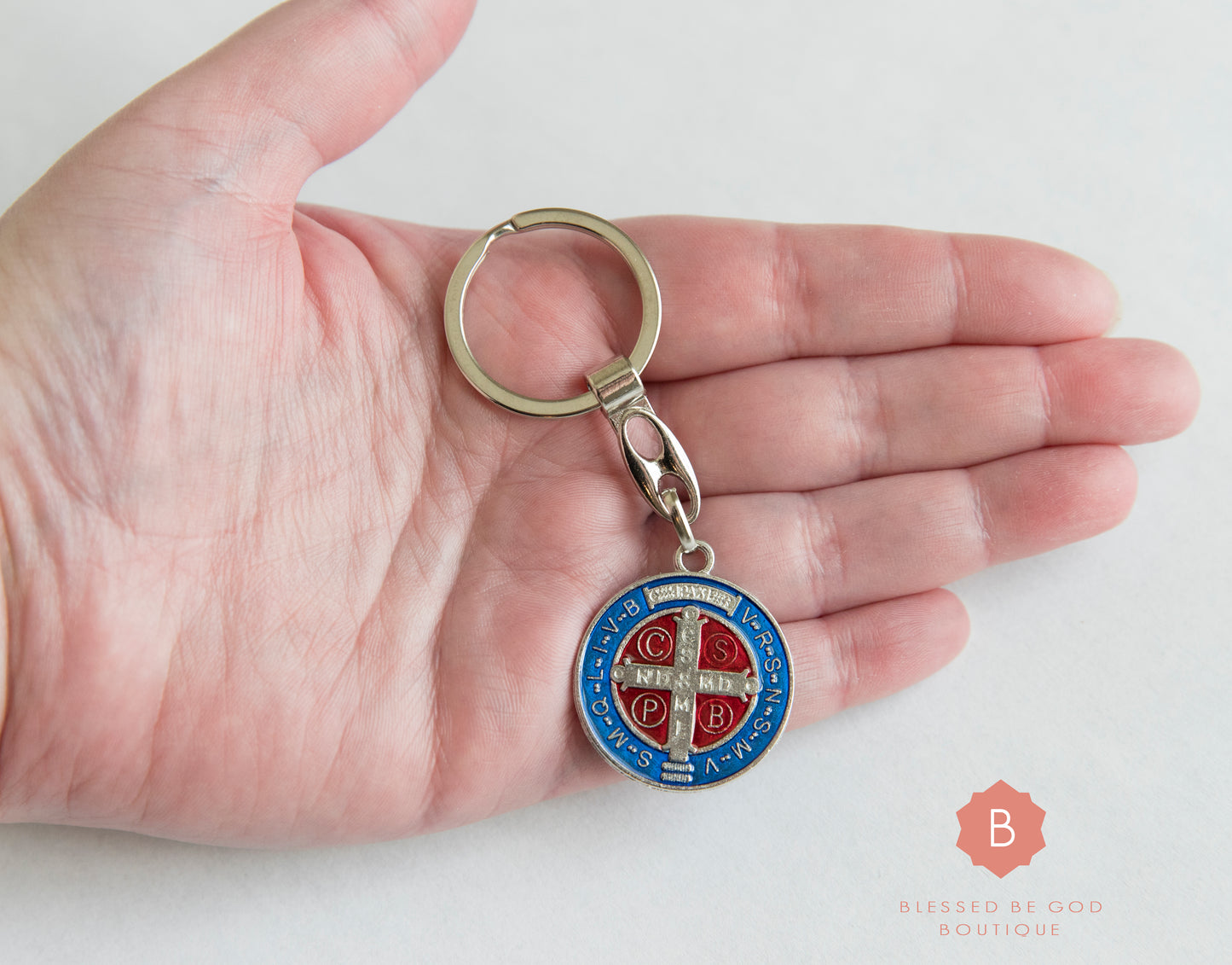 St. Benedict Catholic keychain. Blue