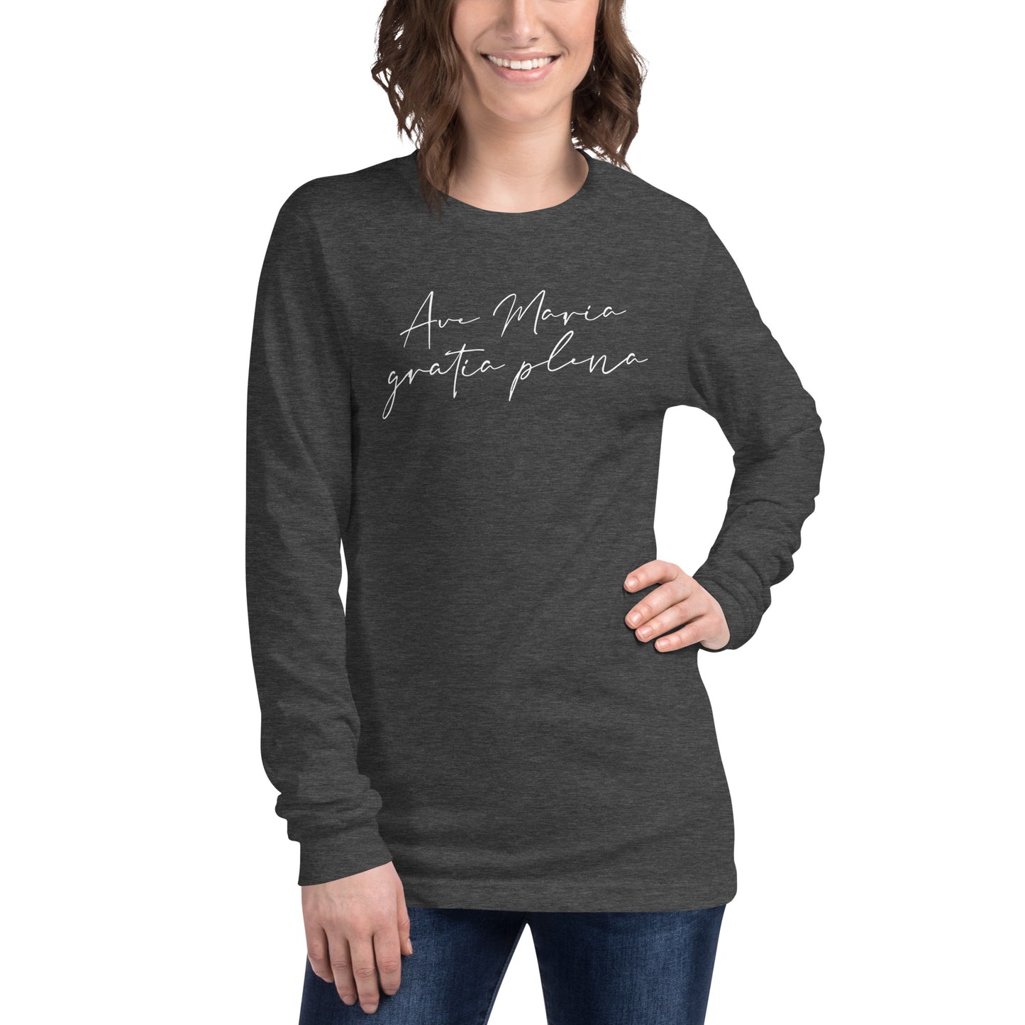 Ave Maria Catholic t-shirt, Unisex Jersey Long Sleeve Tee, Gray